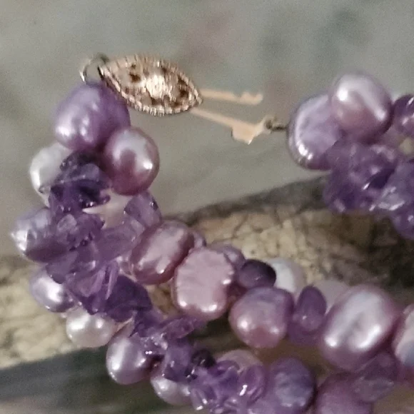 14K Purple White Freshwater Pearls + Amethyst Beaded Necklace and Bracelet Set